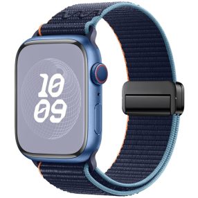   For Apple Watch 46mm / 49mm / 45mm / 44mm Magnetic Buckle Loop Nylon Watch Band(Deep Navy Blue)