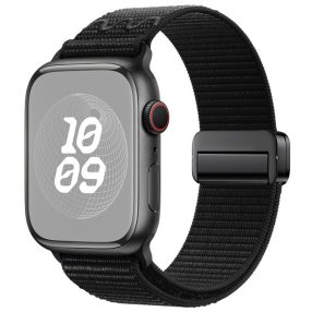   For Apple Watch 46mm / 49mm / 45mm / 44mm Magnetic Buckle Loop Nylon Watch Band(Deep Black)